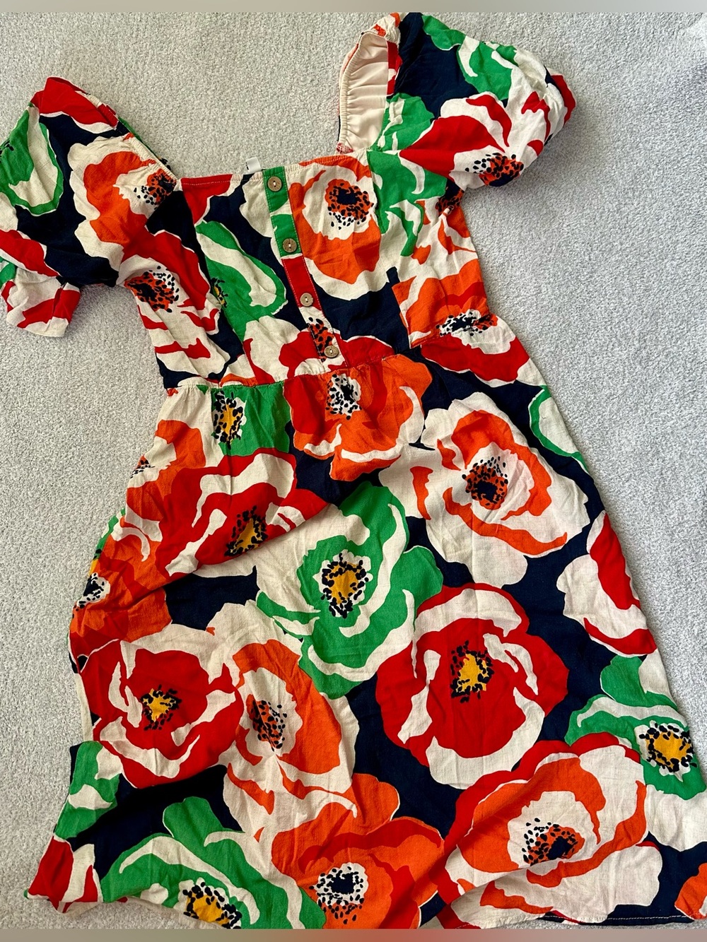 Luxology Floral Puff-Sleeve Mini Dress in Red, Green, Orange, Navy Check Photos